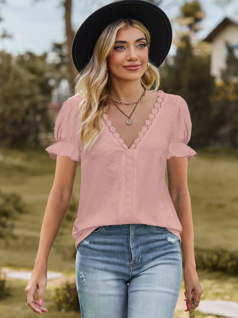 Lace Detail V-Neck Flounce Sleeve Blouse