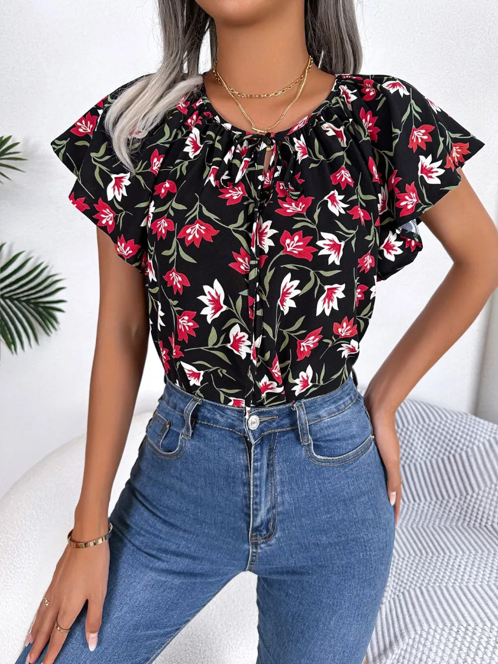 Floral Tie Neck Flutter Sleeve Blouse