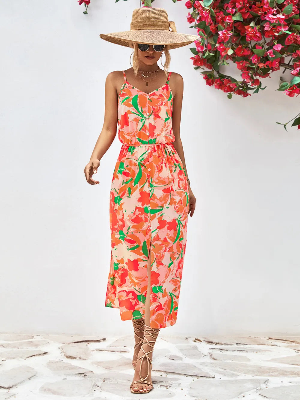 Printed Spaghetti Strap Front Slit Dress