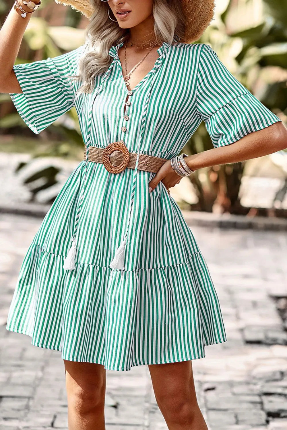 Striped Tie Neck Flare Sleeve Dress