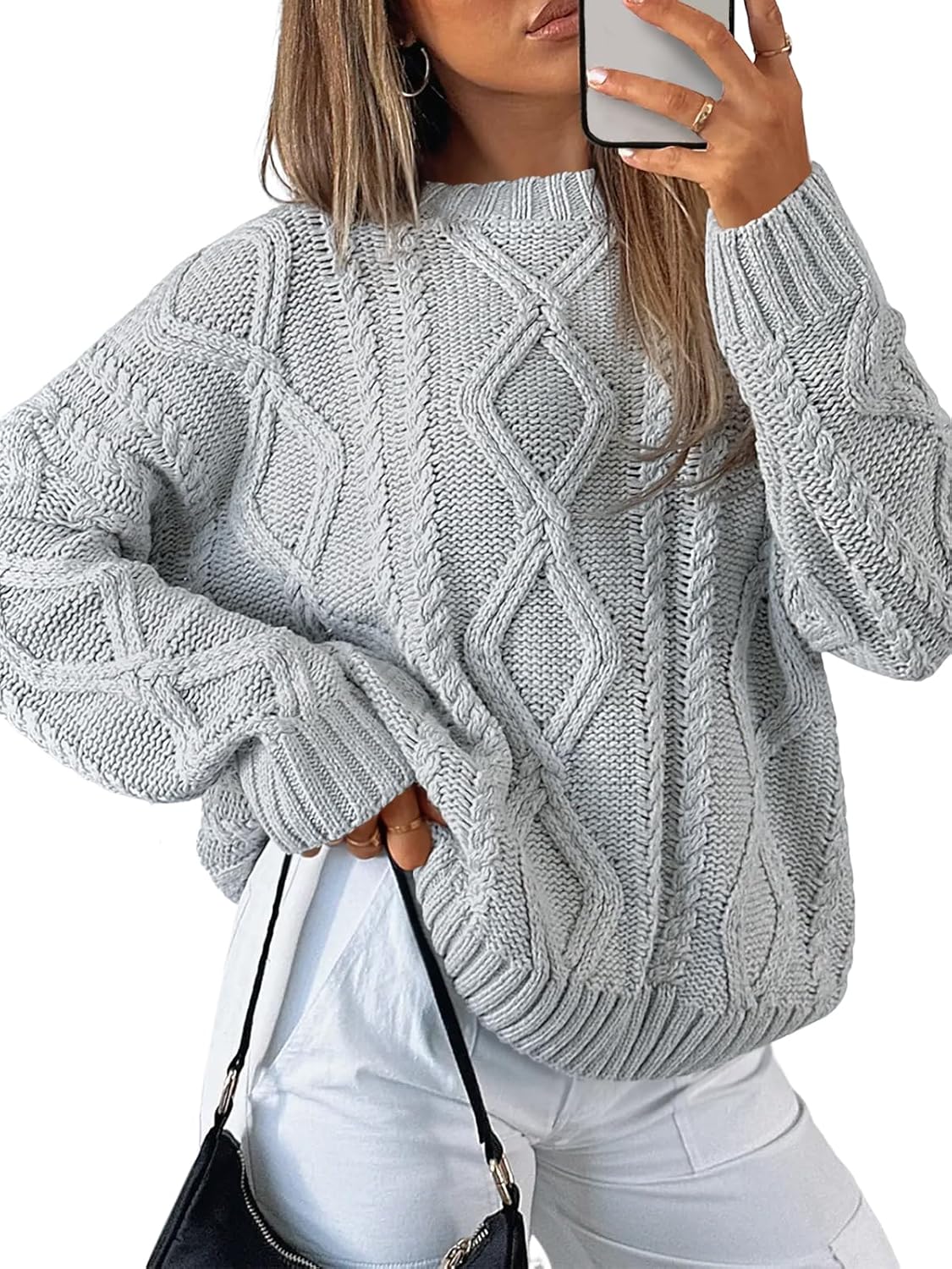 Trendy Queen Women's Oversized Cable Knit Crewneck Sweaters