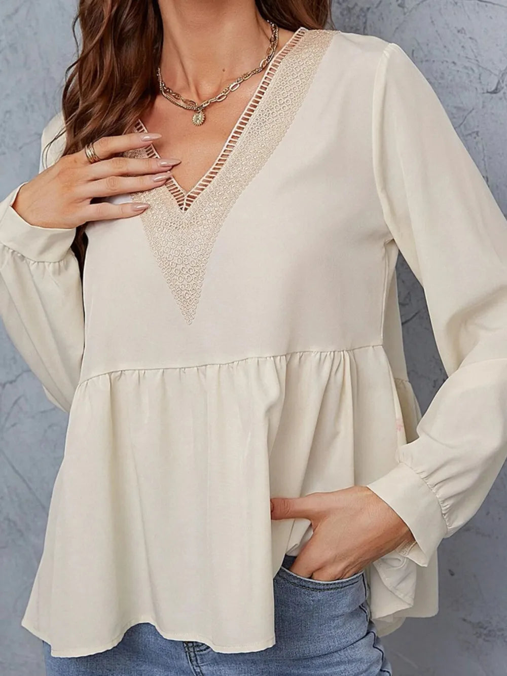 V-Neck Peplum Long Sleeve Shirt