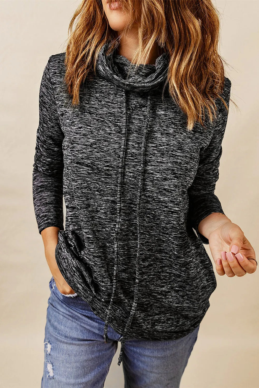 Heathered Drawstring Mock Neck Sweatshirt