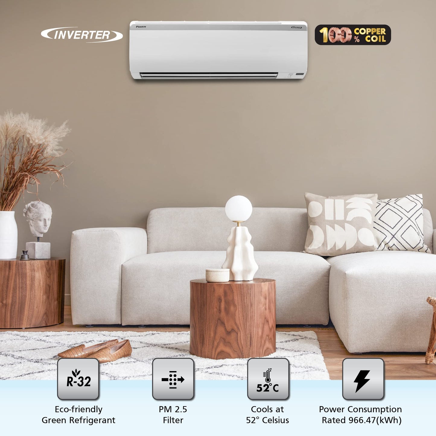 Daikin 1.5 Ton 3 Star Inverter Split AC (Copper, PM 2.5 Filter, FTKY50UV, White)