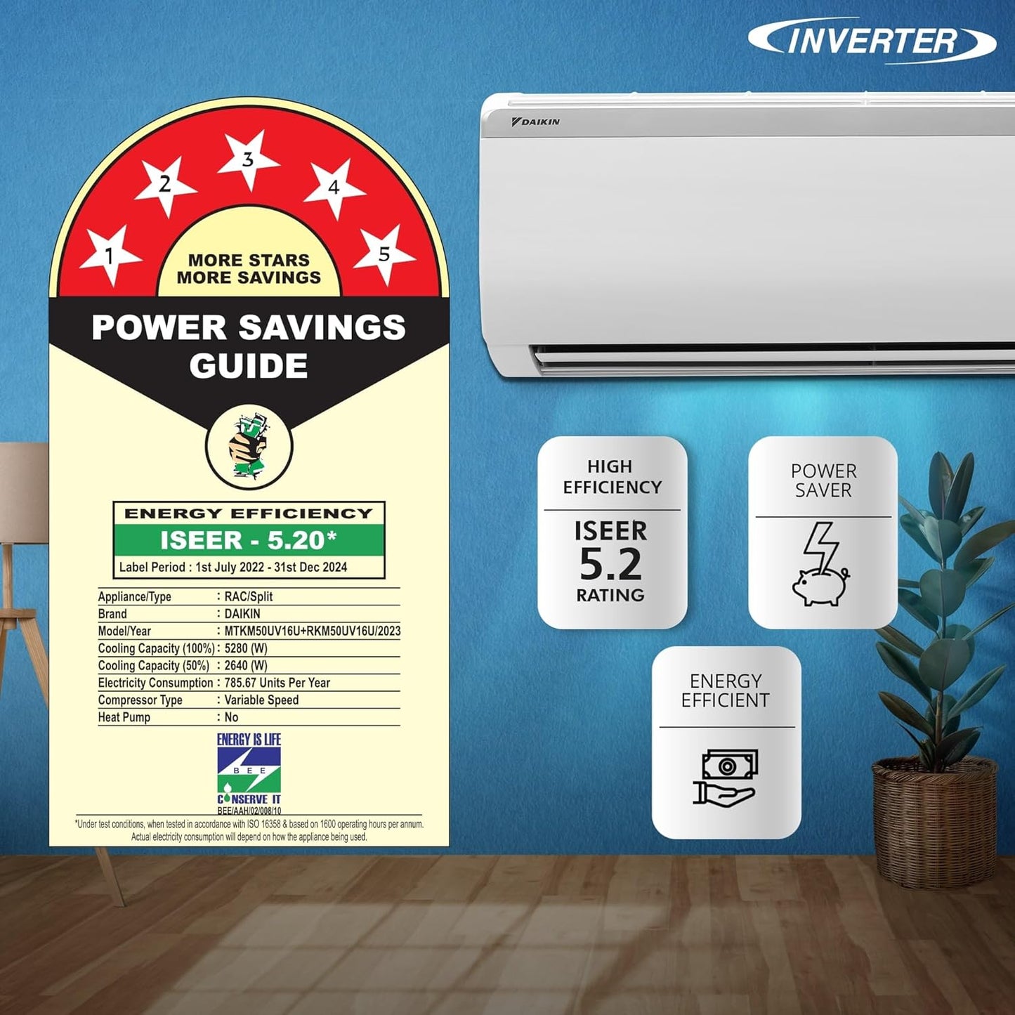 Daikin 1.5 Ton 5 Star Inverter Split AC (Copper, PM 2.5 Filter, 2024 Model, MTKM50U, White)