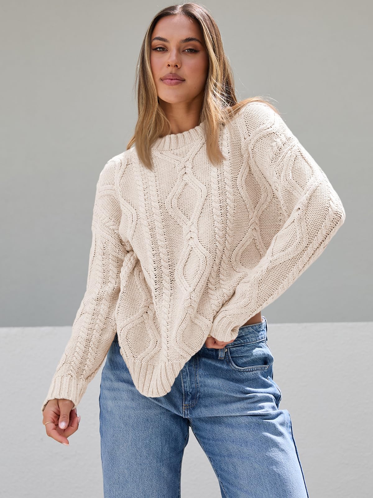 Trendy Queen Oversized Sweaters Womens Plus Size 2024 Fall Fashion Outfits Cable Knit Crewneck Pullover Cute Chunky Long Tunic Top Winter Old Money Clothes with Leggings Cream