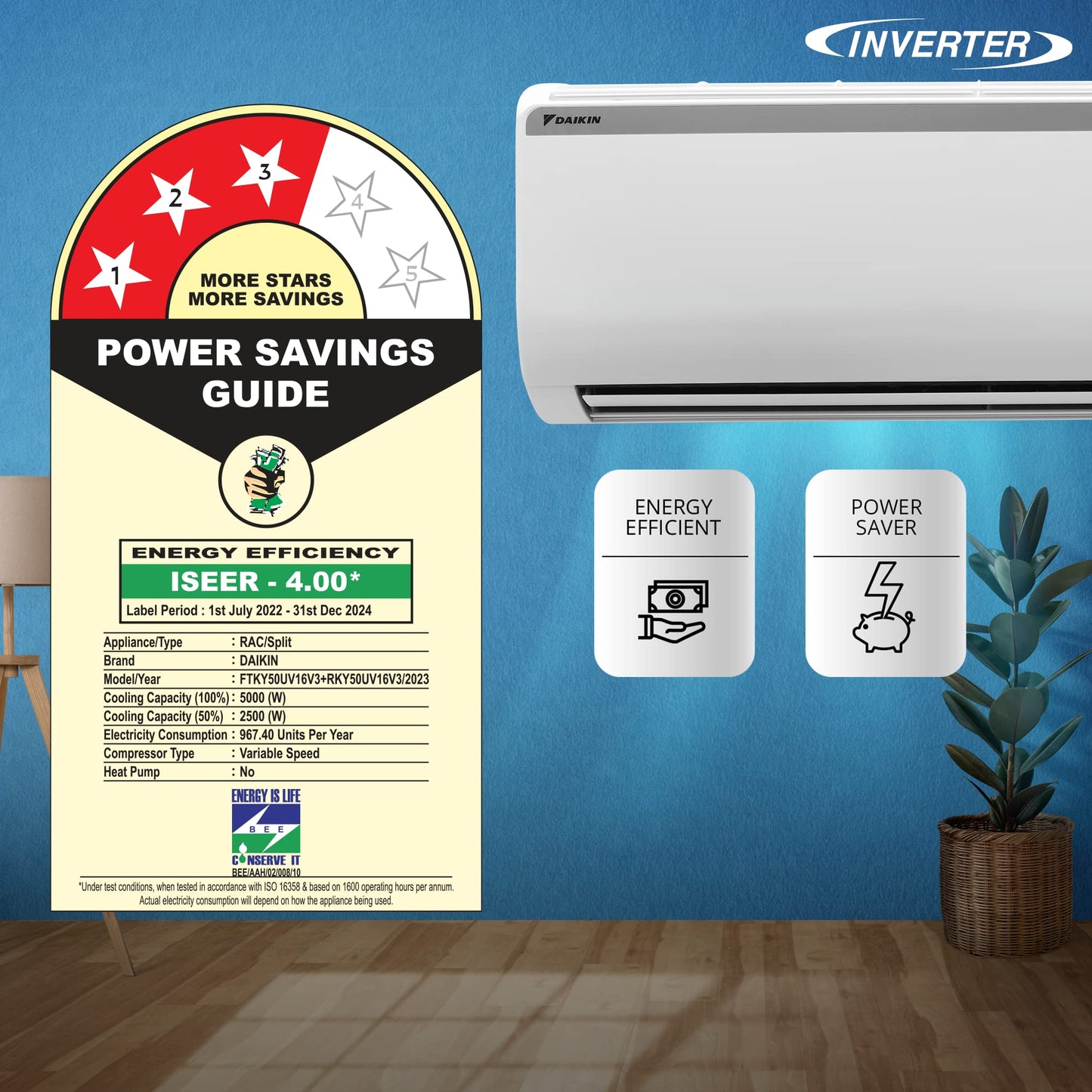 Daikin 1.5 Ton 3 Star Inverter Split AC (Copper, PM 2.5 Filter, FTKY50UV, White)