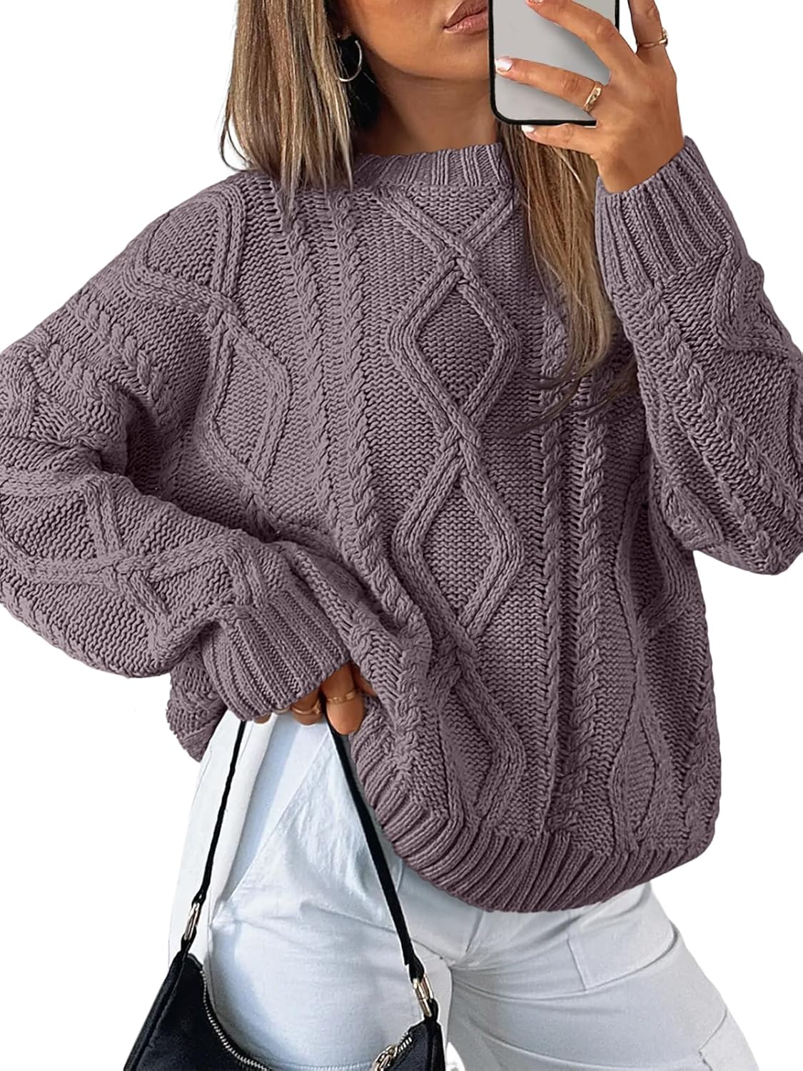 Trendy Queen Women's Oversized Cable Knit Crewneck Sweaters