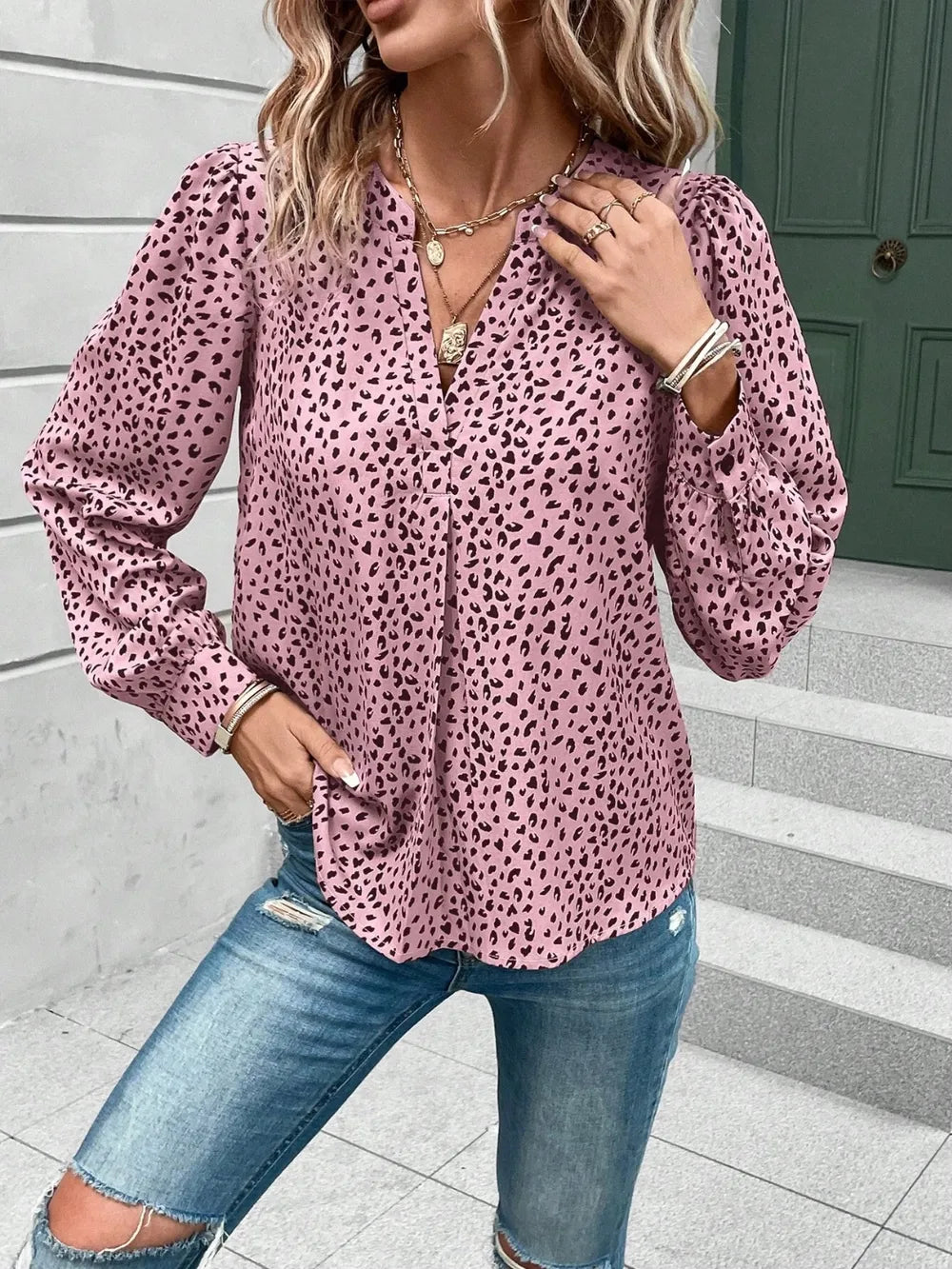 Printed Notched Long Sleeve Blouse