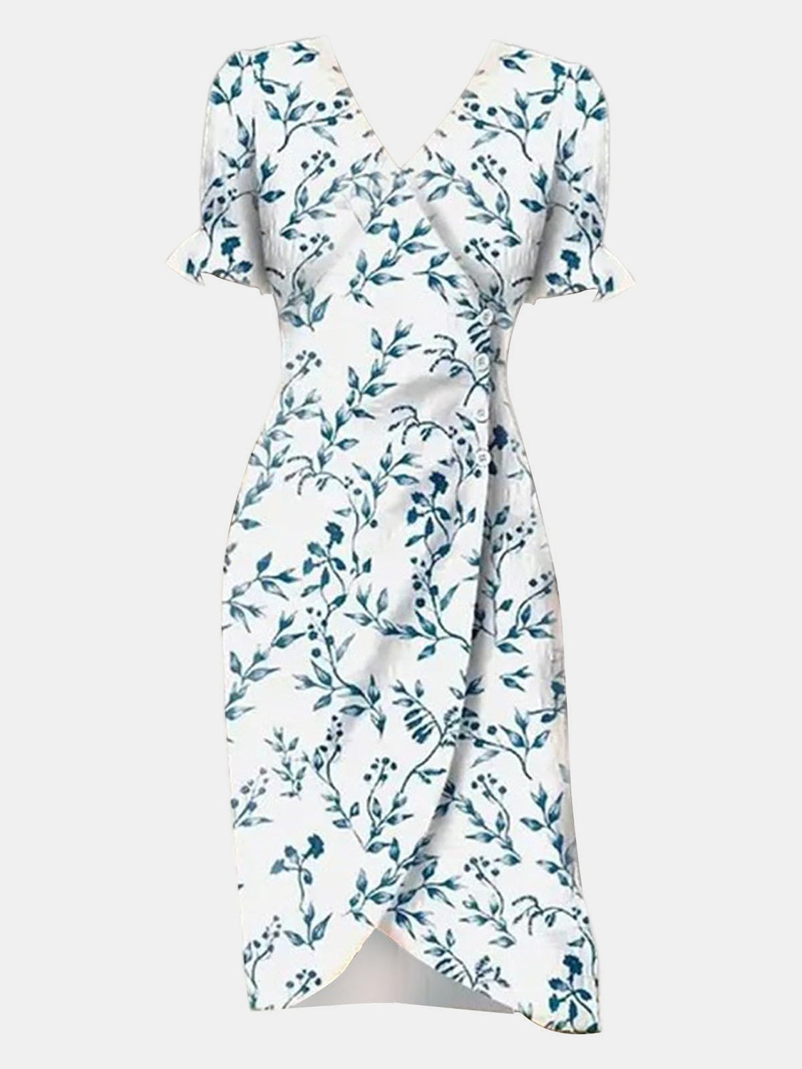 Full Size Printed Surplice Flounce Sleeve Midi Dress