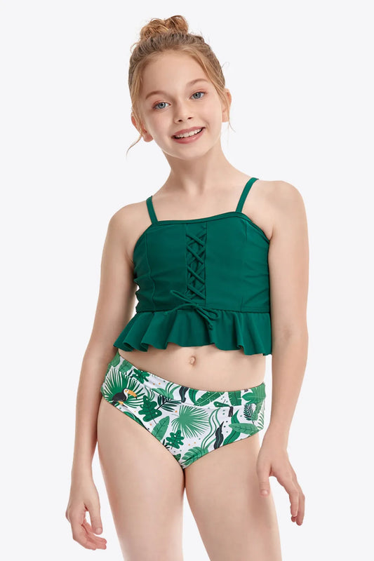 Printed Crisscross Ruffled Two-Piece Swim Set