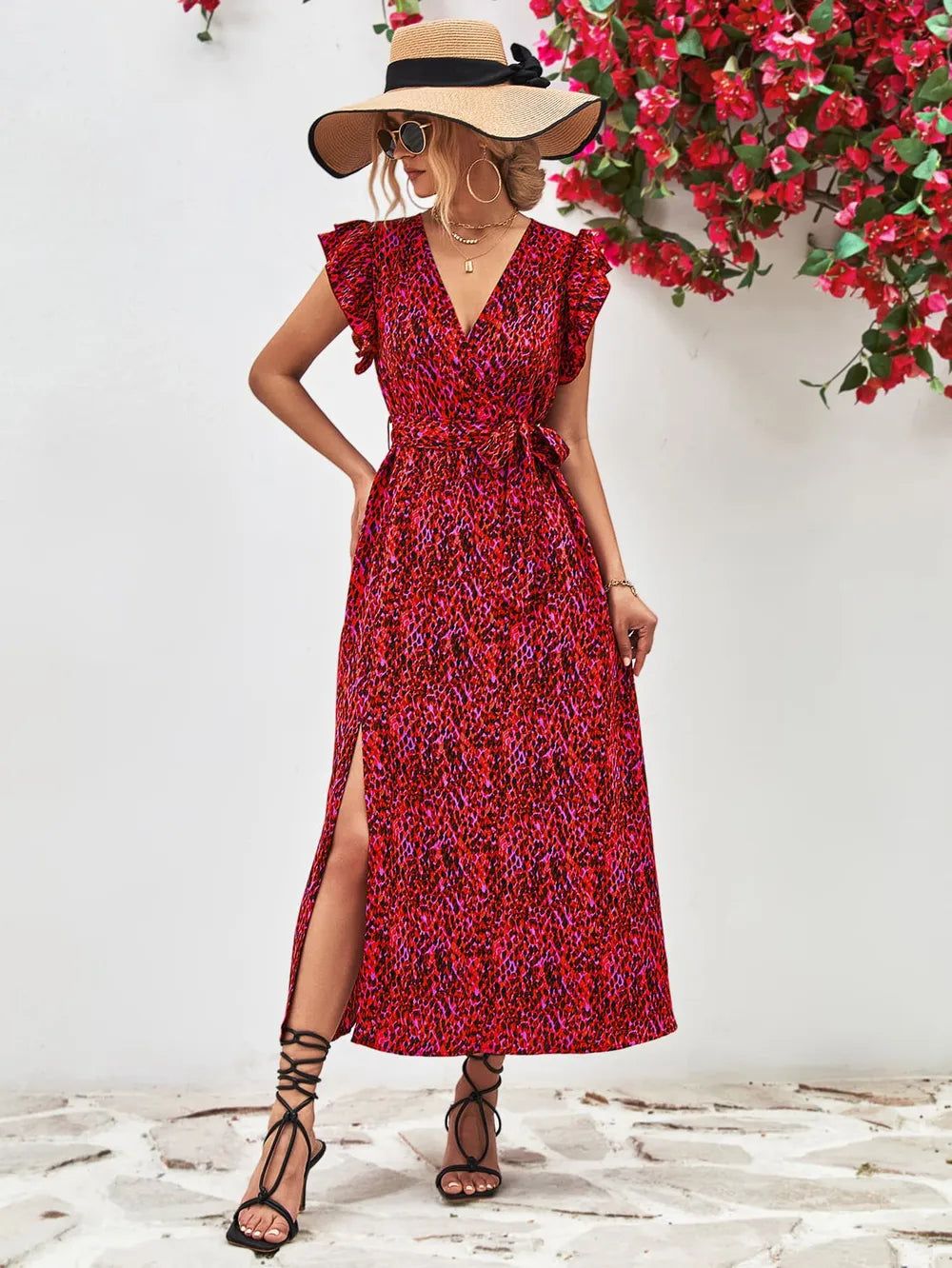 Printed Surplice Neck Flutter Sleeve Slit Dress