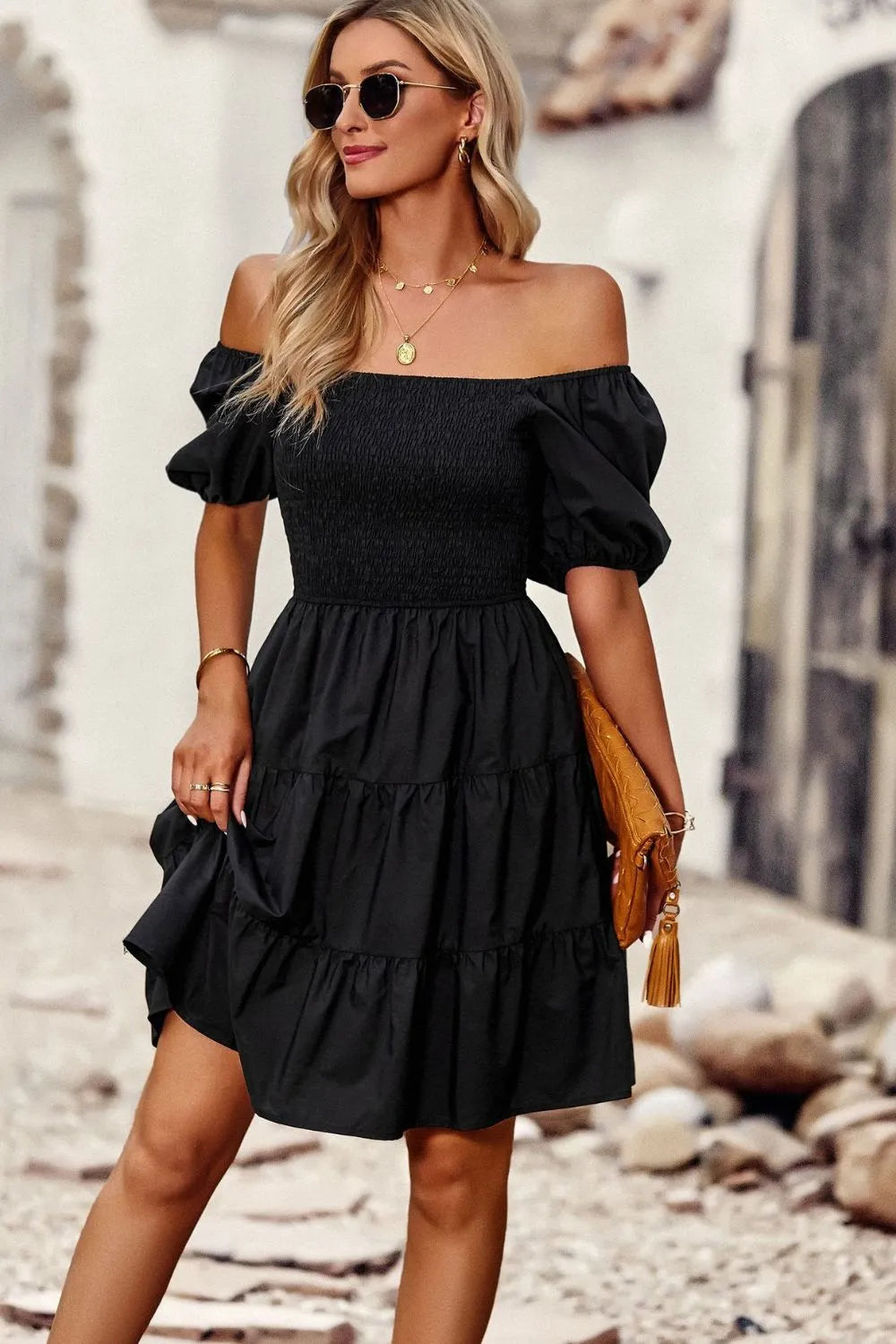 Balloon Sleeve Square Neck Smocked Midi Dress