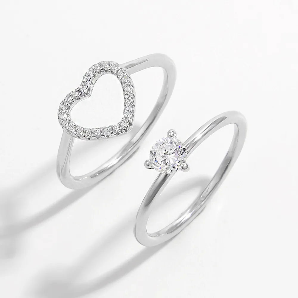 2 Piece Heart Shape Zircon 925 Sterling Silver Ring