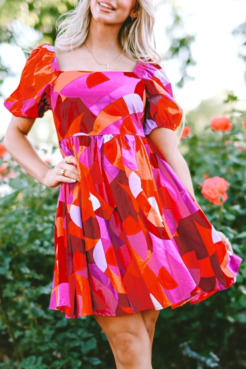 Printed Square Neck Puff Sleeve Dress