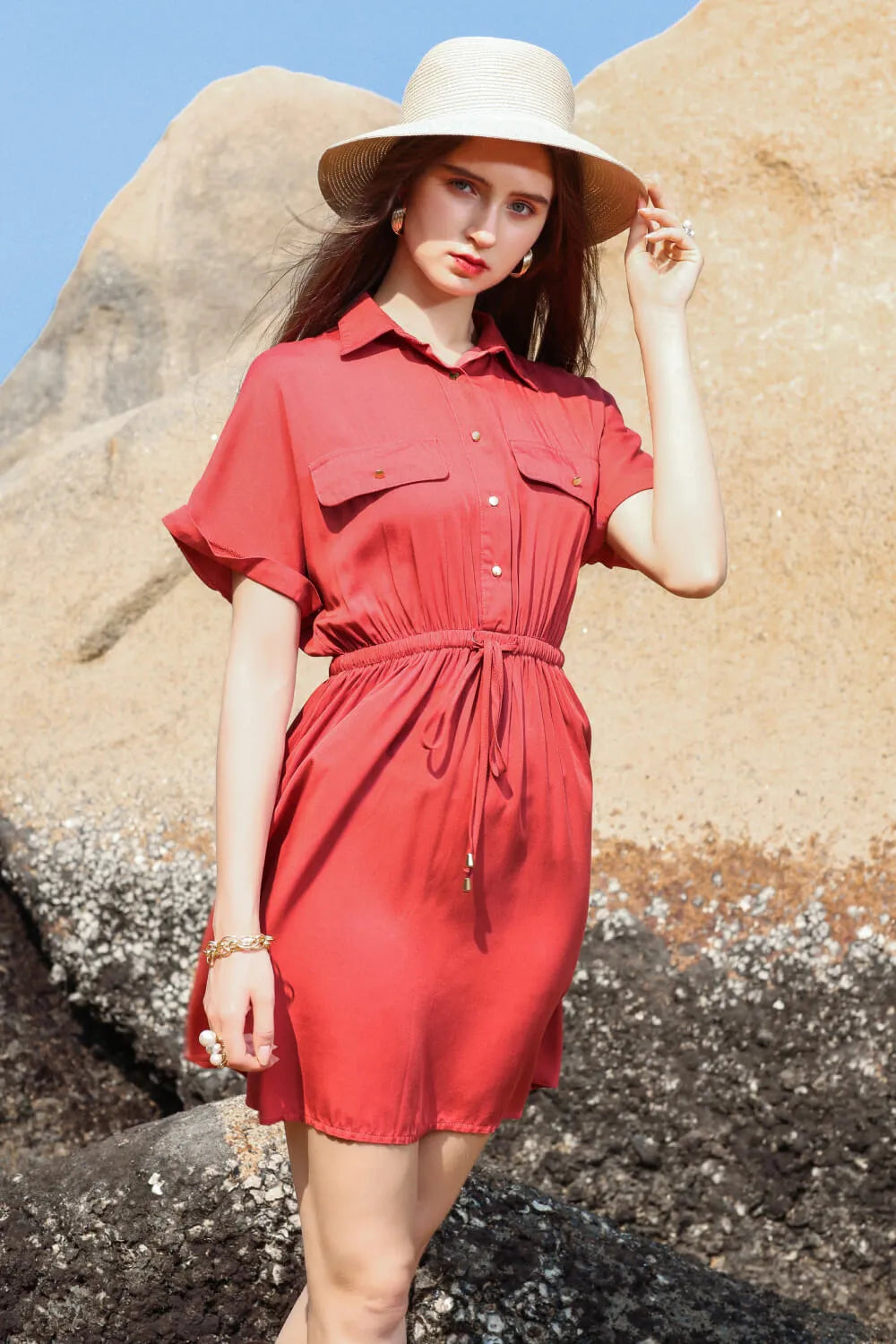 Half Button Drawstring Waist Short Sleeve Shirt Dress