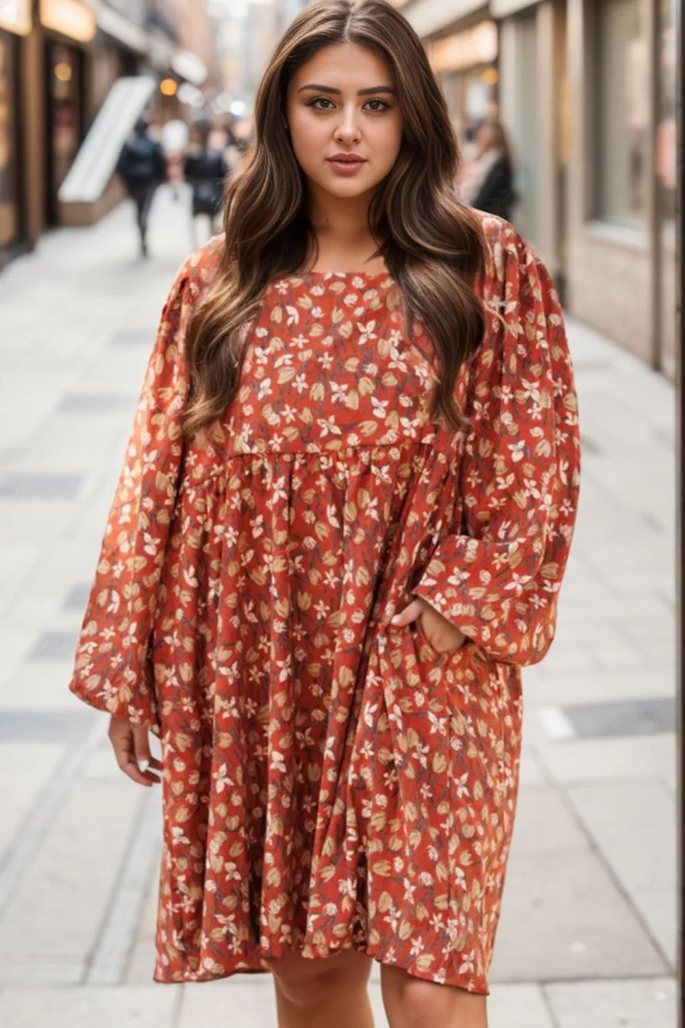 Plus Size Floral Round Neck Dress