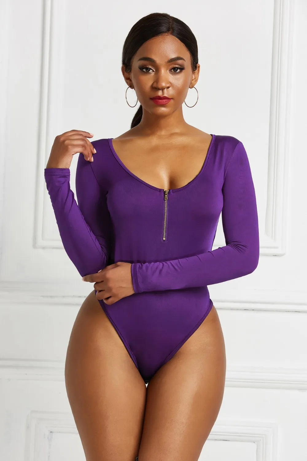 Half Zip Scoop Neck Long Sleeve Bodysuit