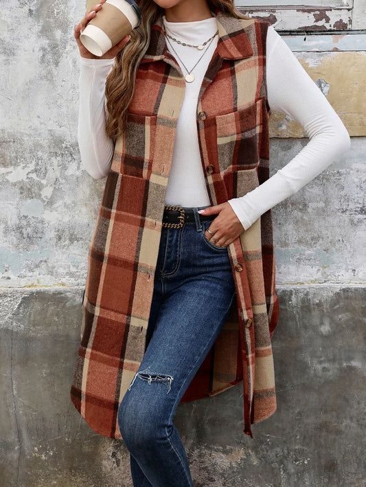 Pocketed Button Up Plaid Vest