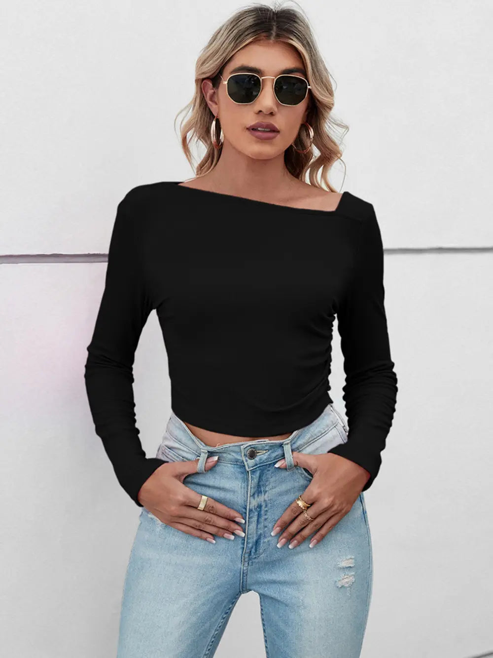 Asymmetrical Neck Long Sleeve T-Shirt