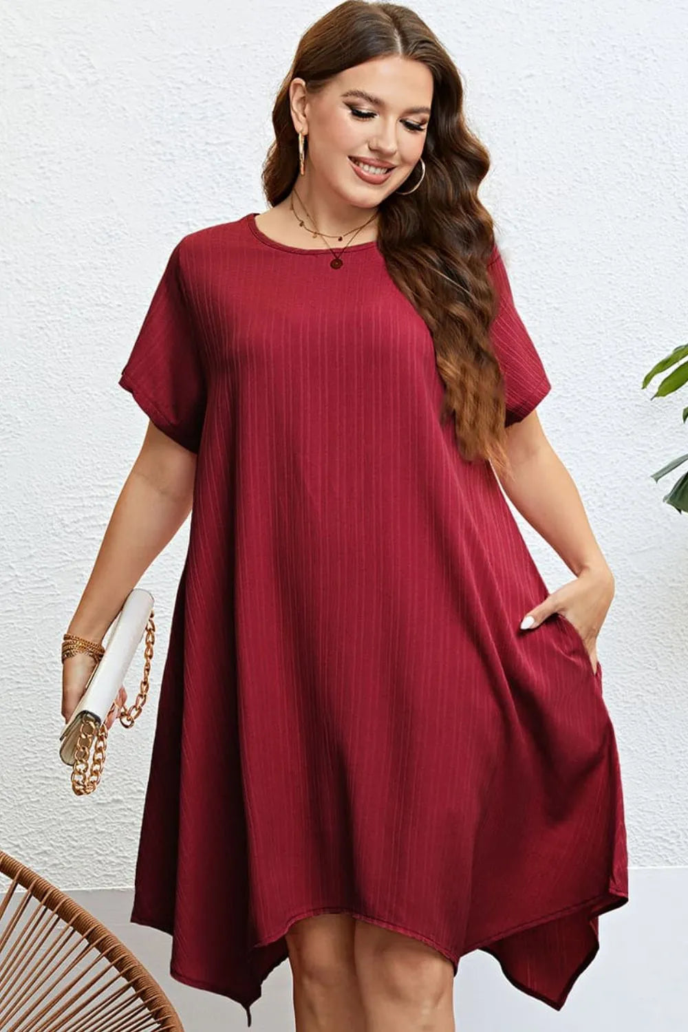 Plus Size Round Neck Handkerchief Hem Dress