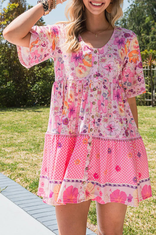 Floral Polka Dot Buttoned Mini Dress