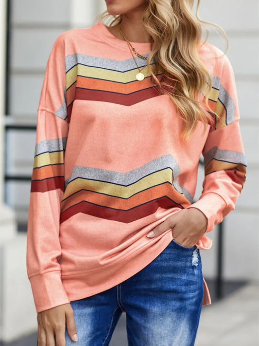 Striped Dropped Shoulder Slit Sweatshirt