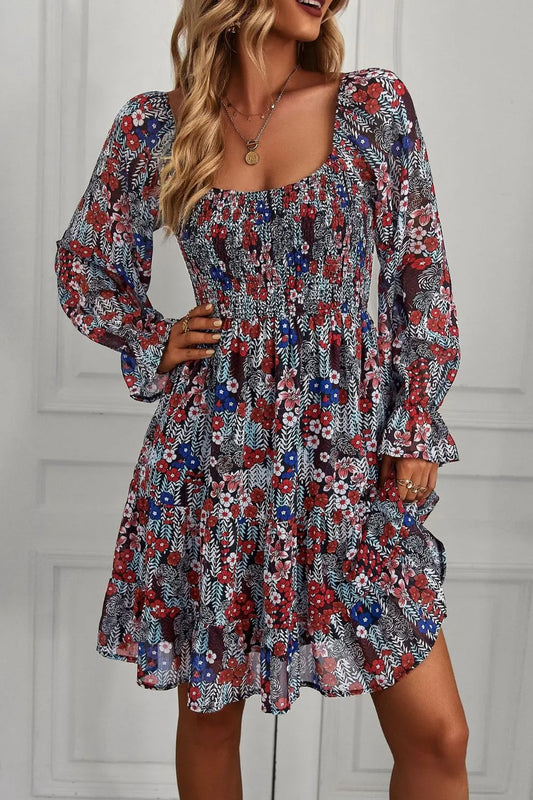 Floral Long Flounce Sleeve Square Neck Dress