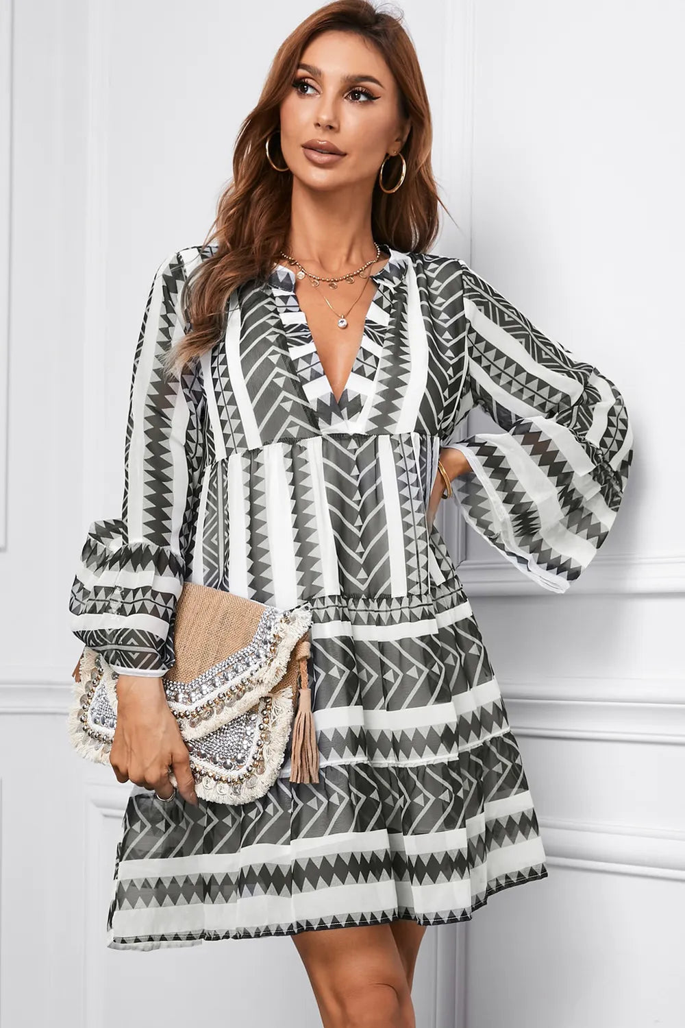 Printed Notched Neck Flare Sleeve Tiered Dress