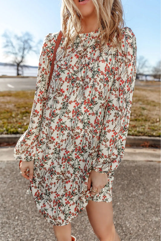 Floral Round Neck Long Sleeve Mini Dress