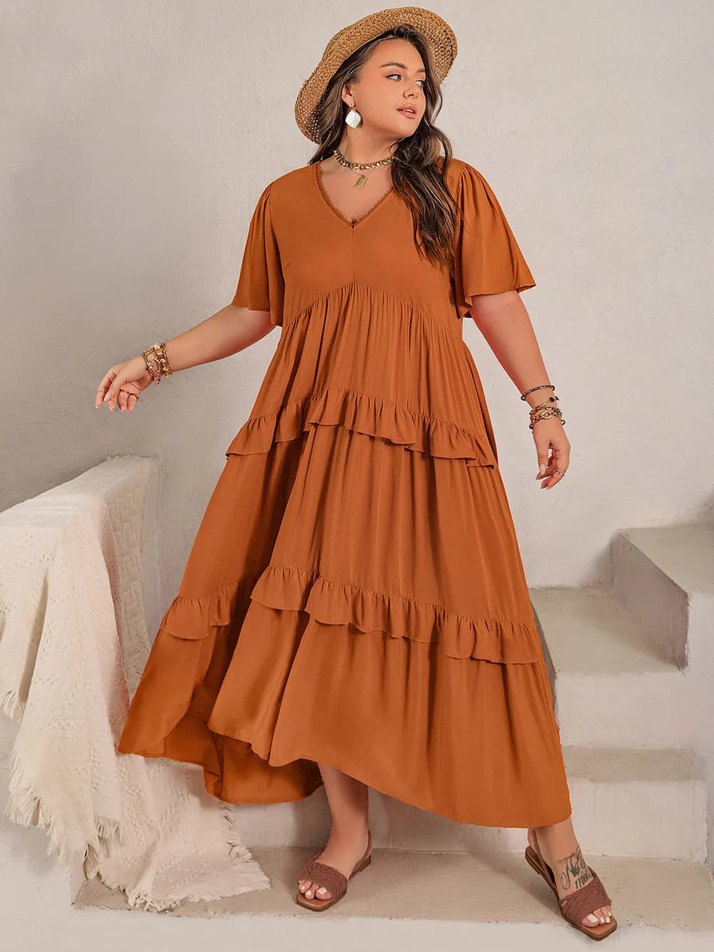 Plus Size V-Neck Flutter Sleeve Maxi Dress