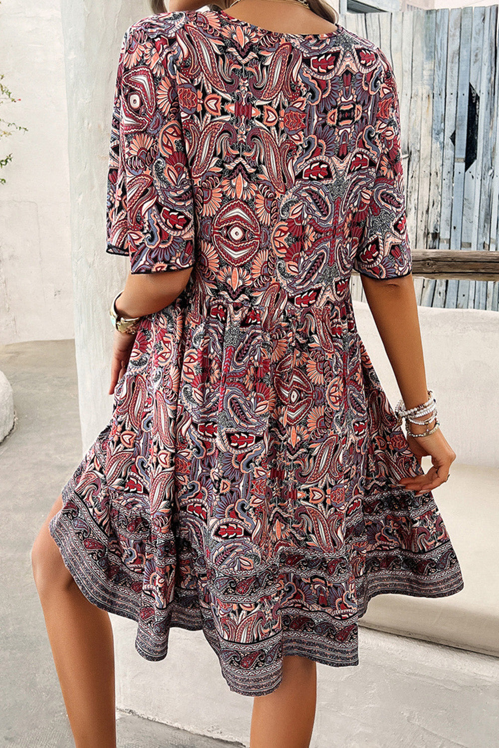 Printed V-Neck Half Sleeve Mini Dress