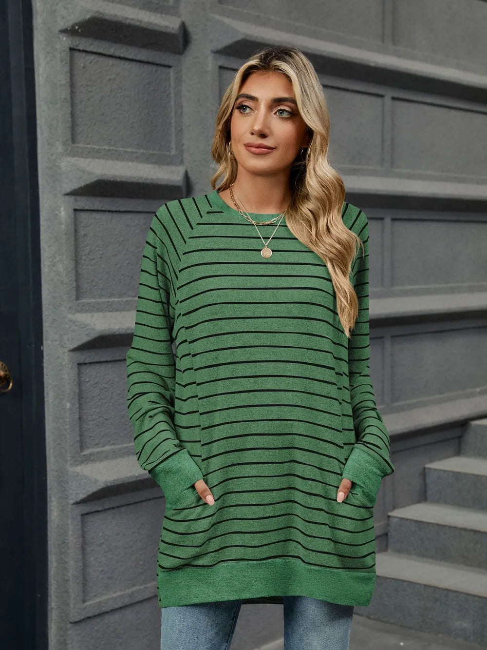 Pocketed Striped Round Neck Long Sleeve T-Shirt