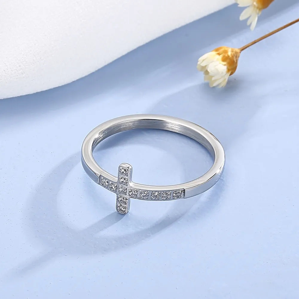 Inlaid Zircon Stainless Steel Cross Ring