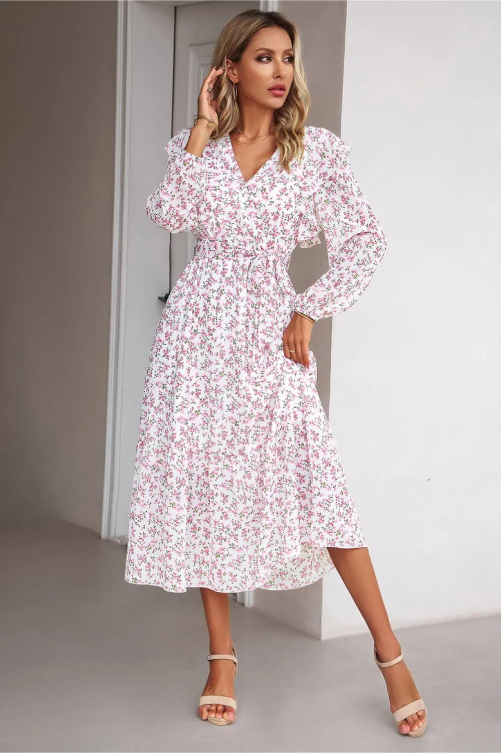 Surplice Neck Balloon Sleeve Midi Dress