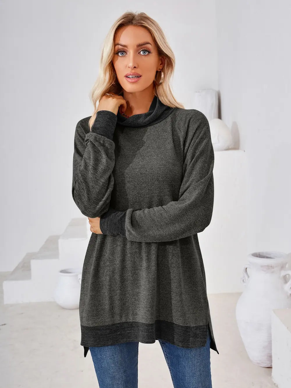 Contrast Mock Neck Long Sleeve T-Shirt