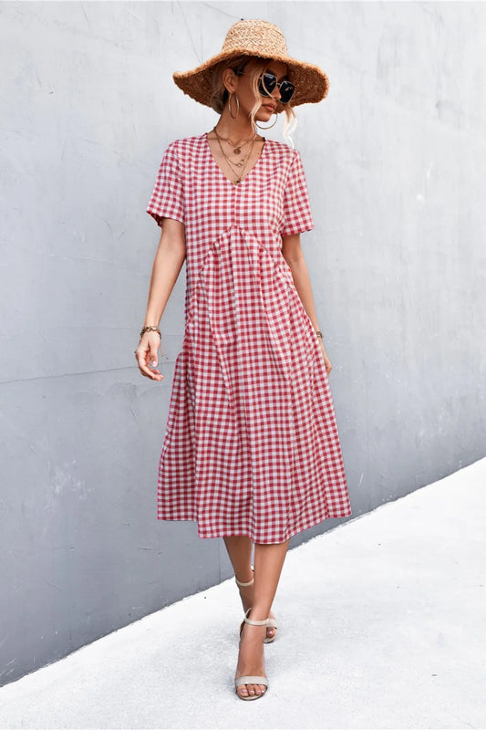 Plaid V-Neck Short Sleeve Dress