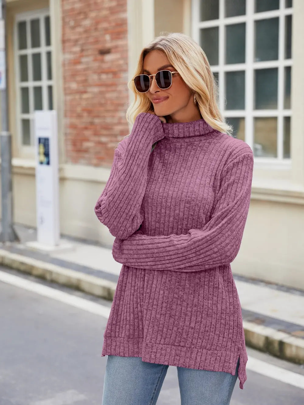 Ribbed Turtleneck Long Sleeve Slit Knit Top