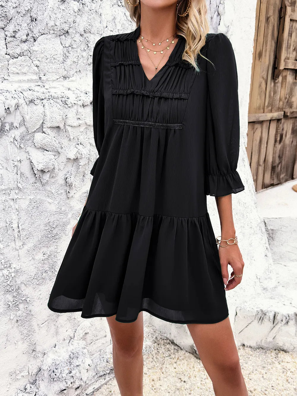 Ruched Notched Flounce Sleeve Dress