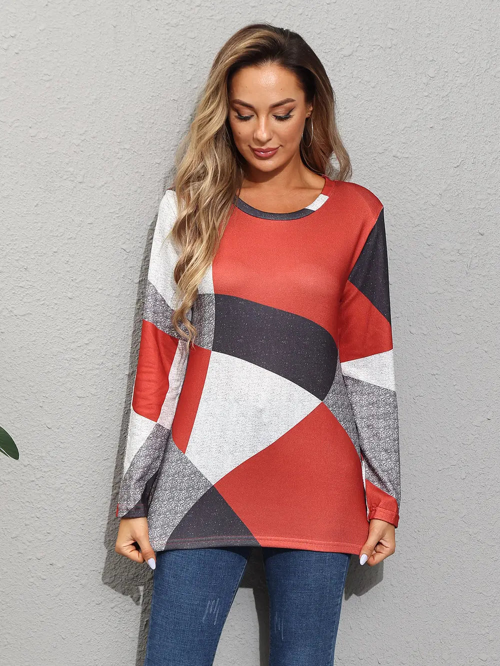 Color Block Round Neck Long Sleeve T-Shirt