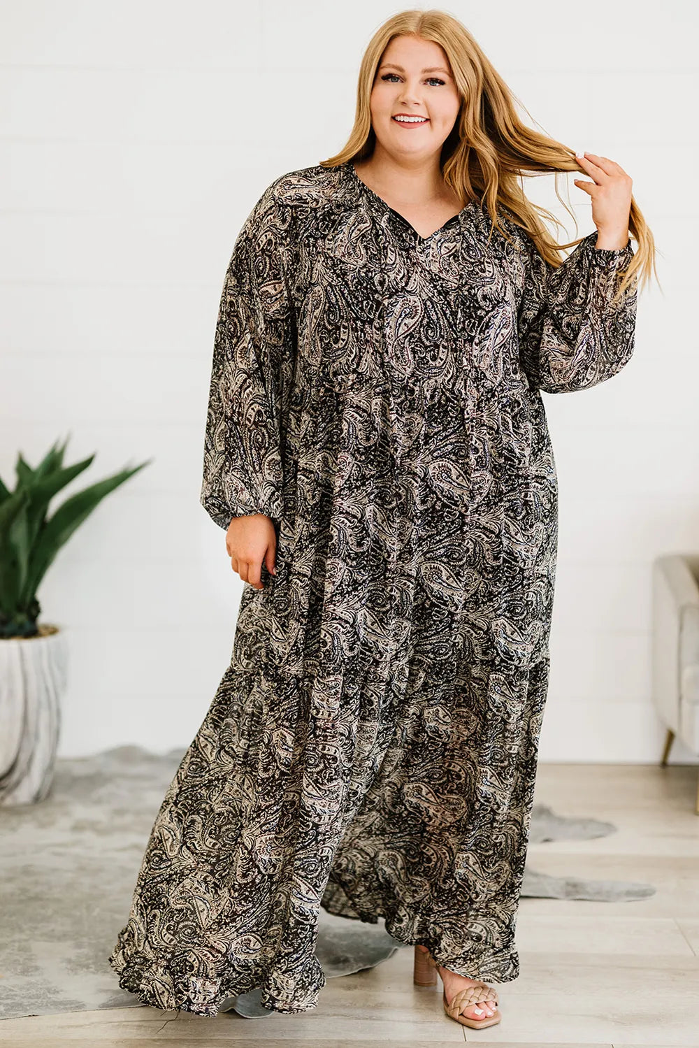 Plus Size Paisley Print Balloon Sleeve Maxi Dress