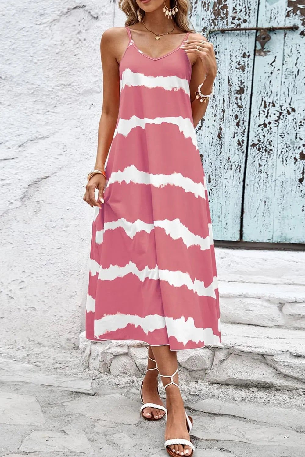 Contrast V-Neck Spaghetti Strap Midi Dress