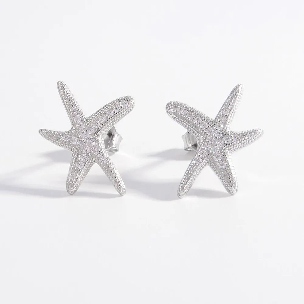 925 Sterling Silver Inlaid Zircon Starfish Earrings