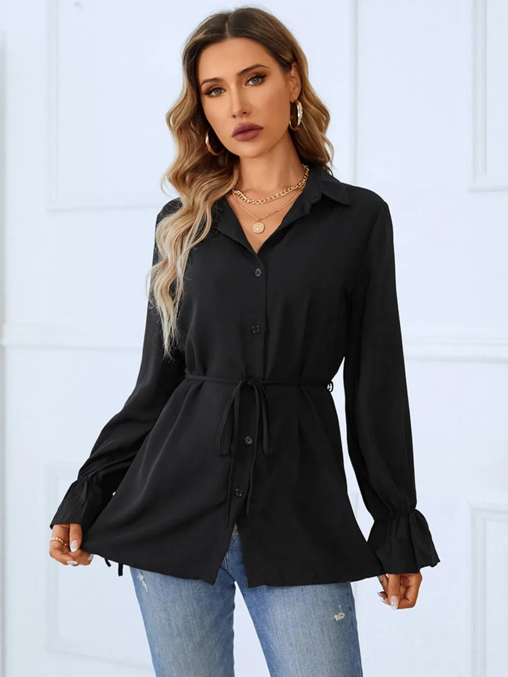 Button Up Tied Flounce Sleeve Shirt