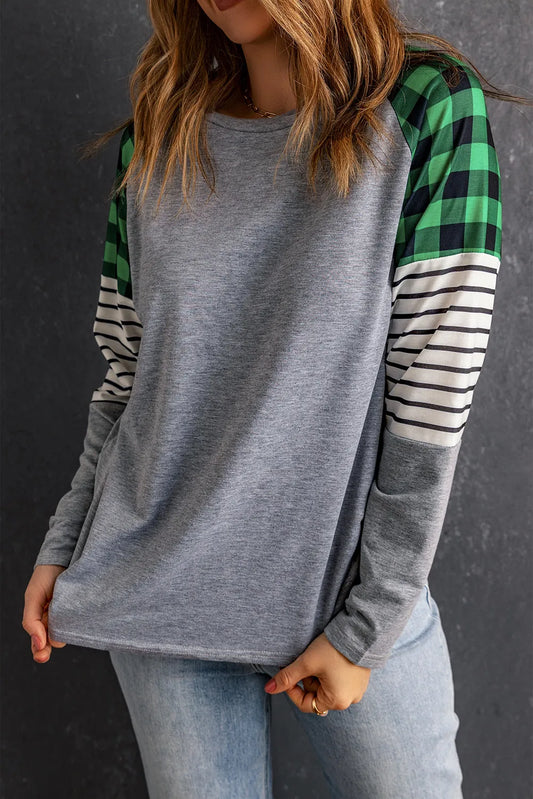 Striped Plaid Round Neck Long Sleeve T-Shirt