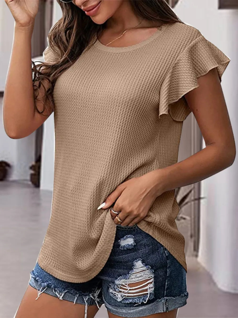 Waffle-Knit Round Neck Cap Sleeve Blouse