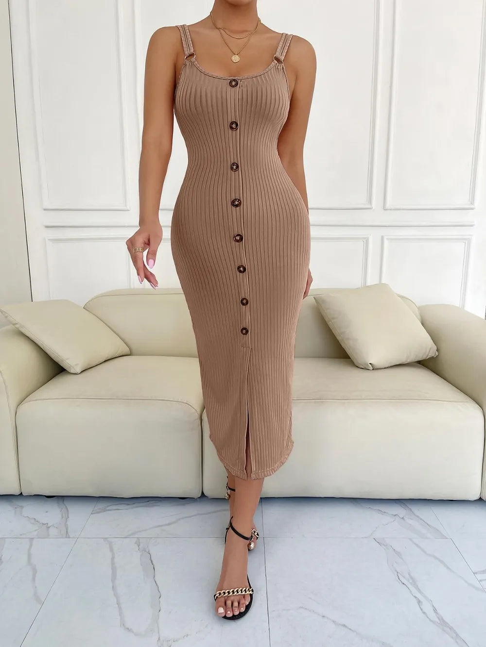 Ribbed Slit Decorative Button Cami Dress