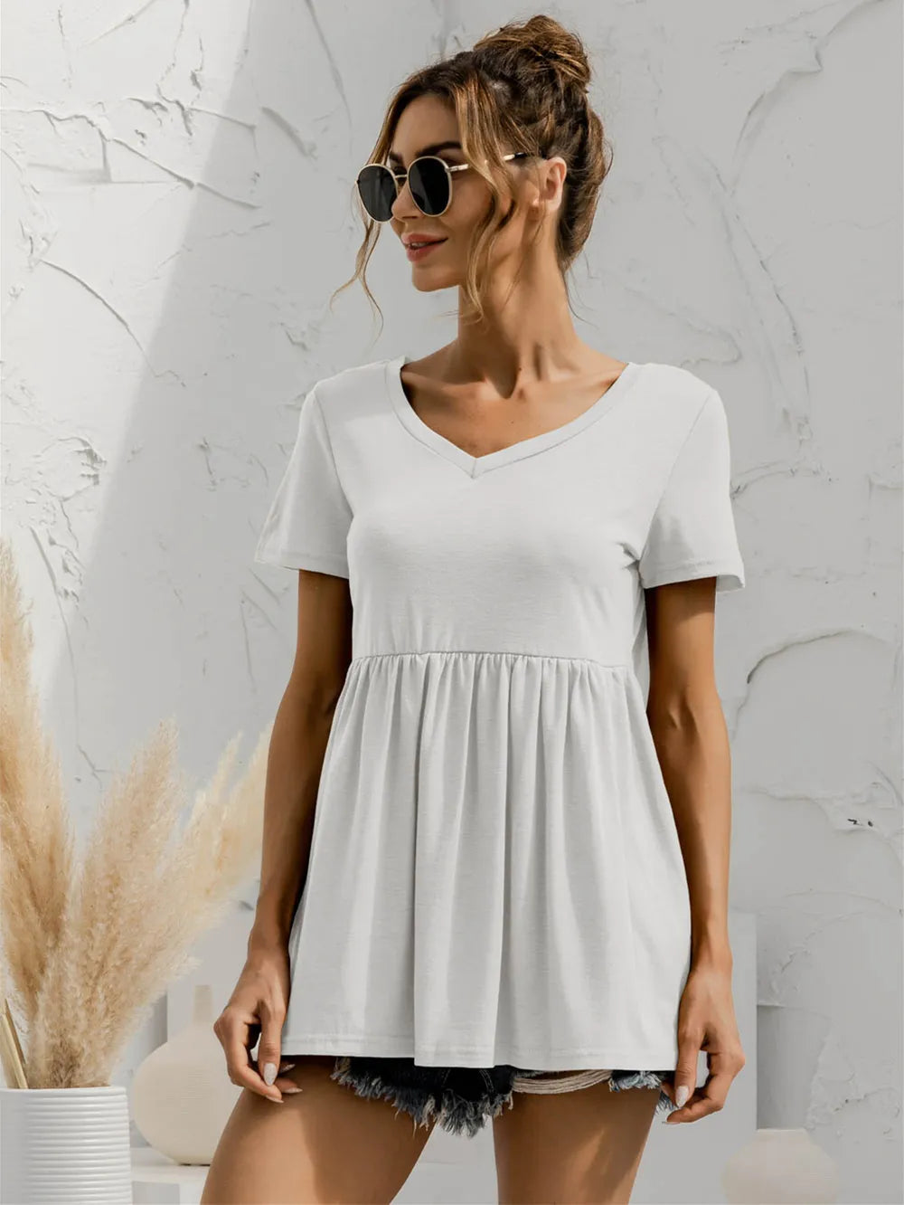 V-Neck Short Sleeve Babydoll Top