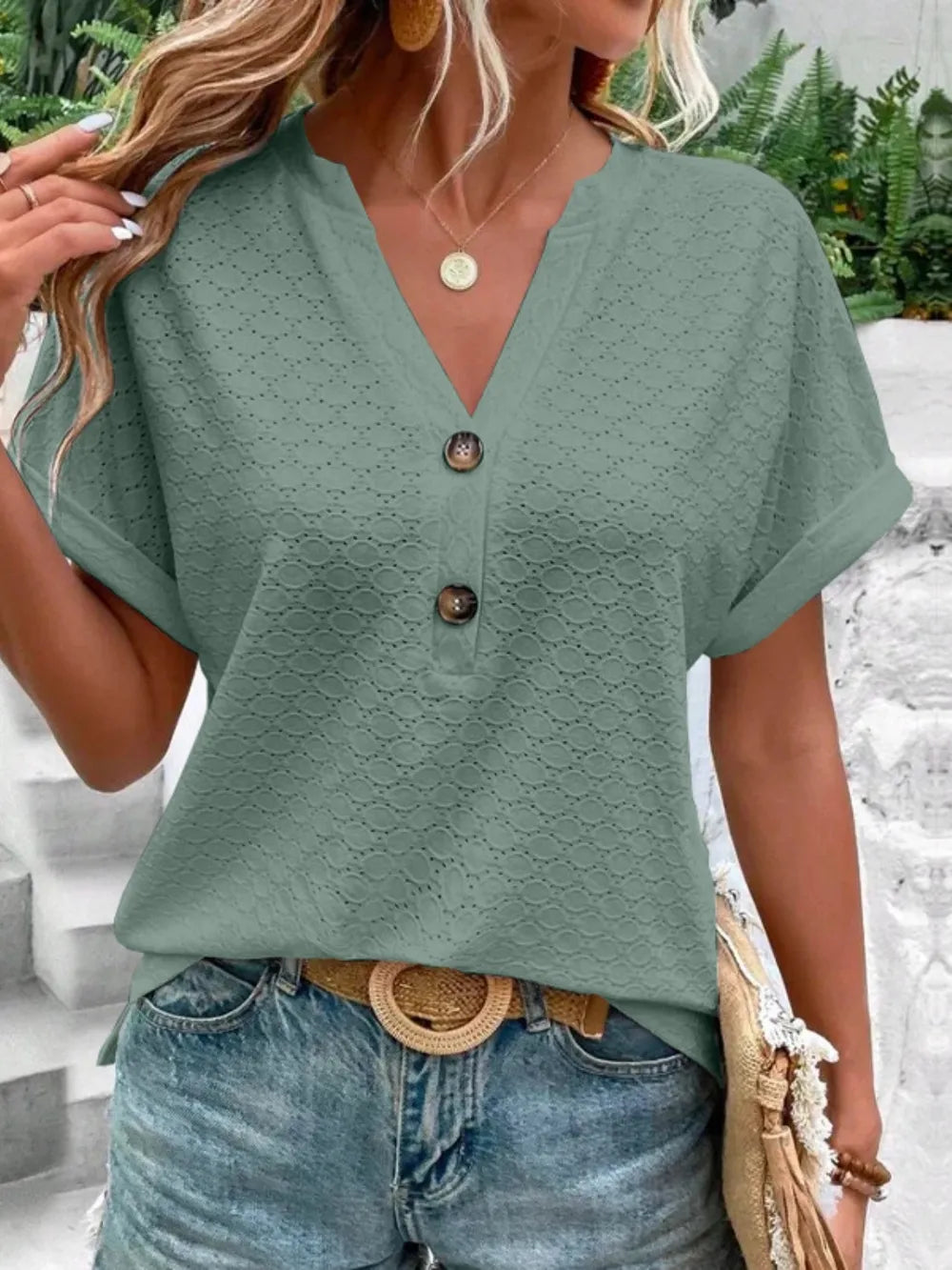 Eyelet Notched Short Sleeve Blouse