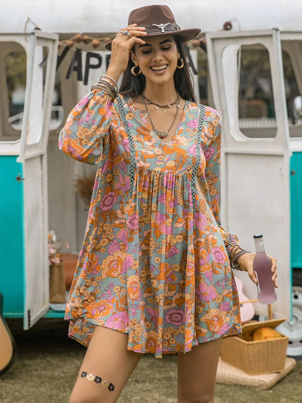 Floral Ruched V-Neck Long Sleeve Dress